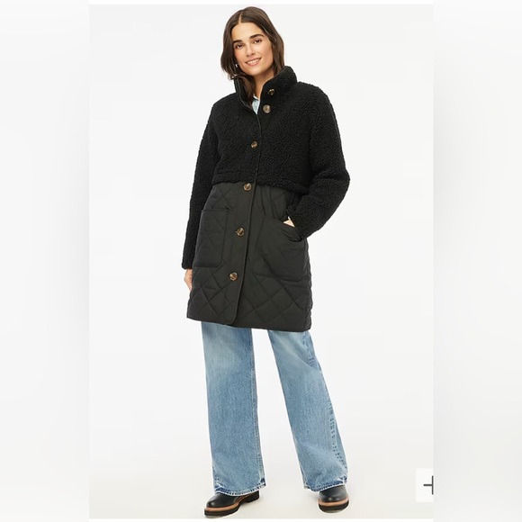 NWT J. Crew Mixed Media Sherpa Coat - Black - Picture 2 of 4